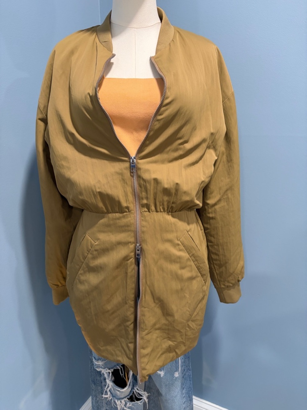 ZARA Lightweight Bomber Jacket Brown Zip Front Longline Relaxed Fit Size L